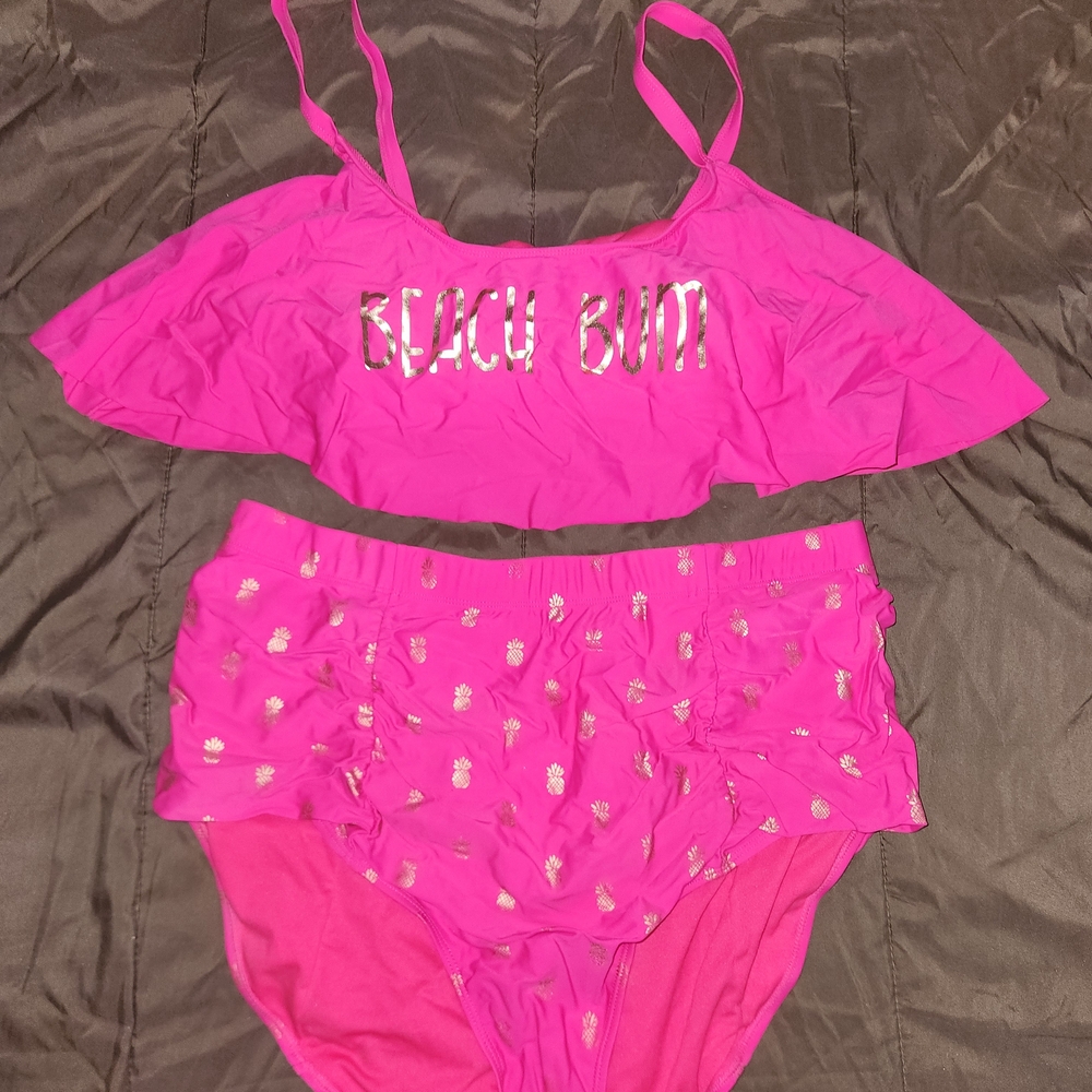 Joe Boxer Hot Pink With Gold Pineapple High Waisted Bikini Set 2X